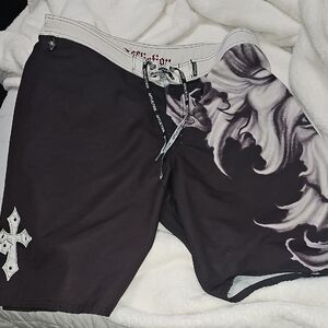 Affliction Black & White Graphic Swim Board Shorts